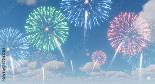 Colorful daytime fireworks exploding in bright blue sky above fluffy clouds, symbolizing joy, celebration, and festivals.
