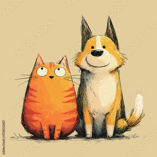A cheerful orange cat with stripes sits next to a friendly dog with a fluffy tail. Both animals have expressive faces, creating a fun and lively scene.