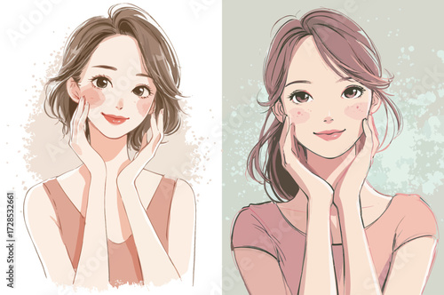 Two women express their appreciation for beauty and skincare. Each showcases a soft look with natural highlights, conveying a sense of confidence and grace.