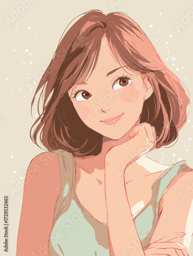 A young woman with short brown hair smiles gently while resting her chin on her hand. The background is light and soft, highlighting her cheerful expression.