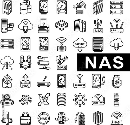 NAS Network Attached Storage Icons Set: Technology, Data  Connectivity