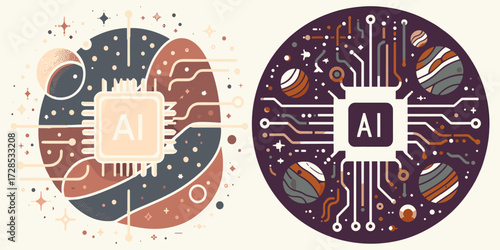 Futuristic vector illustrations of an AI microchip at the center of a celestial system, symbolizing cosmic computation and the digital universe