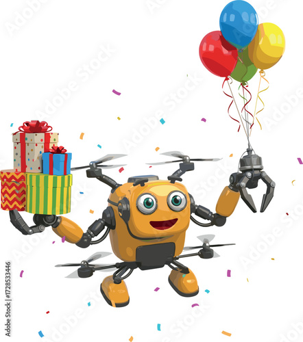 Cute cartoon drone character delivering gifts and holding balloons