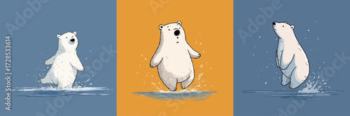 Three cartoon polar bears splash through water in different playful poses. The background features vibrant colors, adding a cheerful summer vibe to the scene.