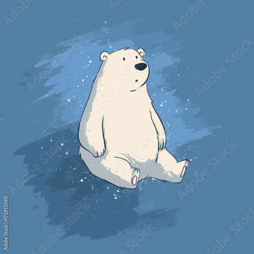 A charming polar bear is seated calmly against a soft blue backdrop. The bear has a gentle expression, adding to its adorable character in this playful art style.