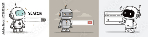 Three robot characters showcase different designs while holding a search bar, illustrating modern technologys influence on information retrieval and interaction.