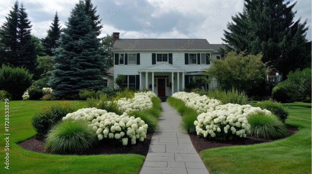 Obraz premium Beautiful suburban house with white hydrangeas and well-manicured lawn, showcasing a picturesque garden pathway lined with lush green shrubs and trees.