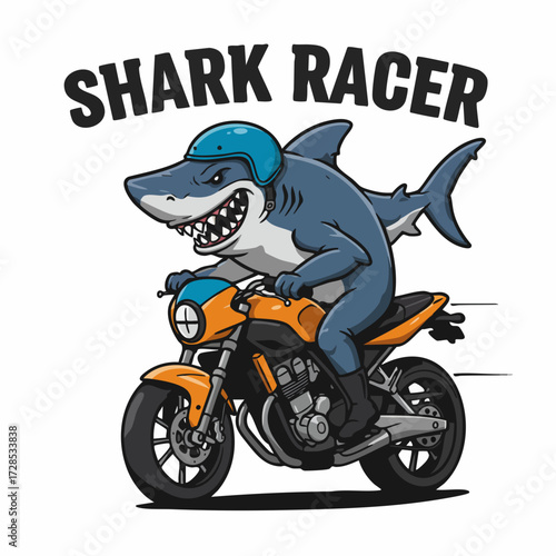 Cartoonish Fun Shark Racer Riding Motorcycle Adventure Sport Illustration