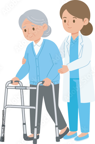 Caregiver assisting elderly woman with walker, providing support and guidance.
