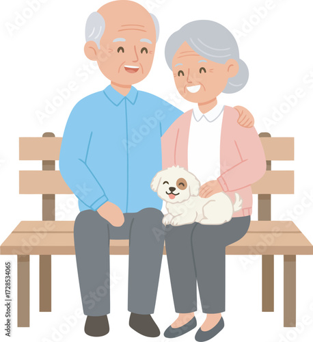 Elderly couple sitting on a bench with a small white dog on the woman's lap, both smiling.