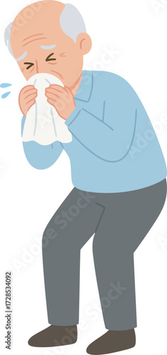 Elderly man with a cold sneezing into a white tissue.