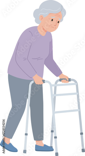 Elderly woman using a walker for support, wearing a purple sweater and gray pants.