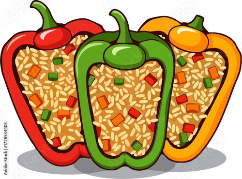 Cartoon Stuffed Bell Peppers Vector Illustration with Rice and Vegetables Isolated