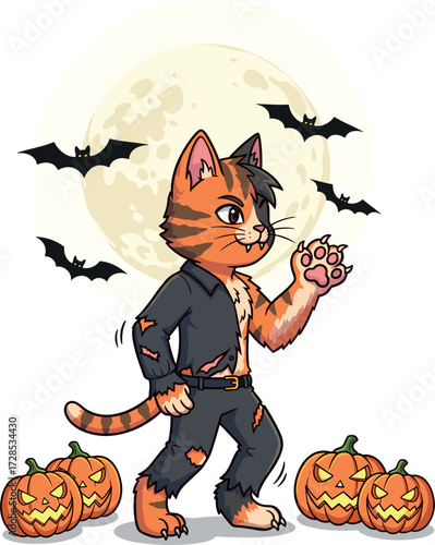 Cute cartoon cat dressed as a zombie for halloween with pumpkins and bats