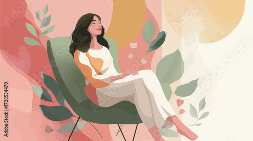 A woman sits peacefully in a green chair, enjoying a moment of relaxation. She is surrounded by soft, colorful shapes and elegant leaves, creating a serene atmosphere.