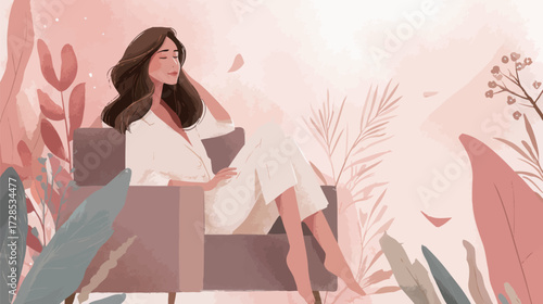 A woman sits comfortably on a cozy sofa in a peaceful environment, surrounded by gentle foliage, embodying relaxation and tranquility.