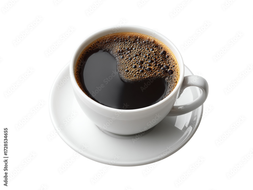 Fototapeta premium Aromatic black coffee in white cup and saucer, Isolated On White Background, Png Transparent