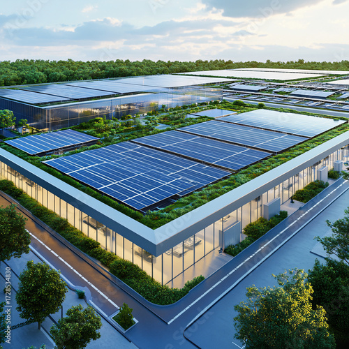 Modern sustainable industrial building with rooftop solar panels and green spaces in eco-friendly complex
