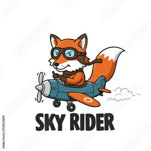 Cartoon Funny Fox Sky Rider in Airplane Mascot Character Design