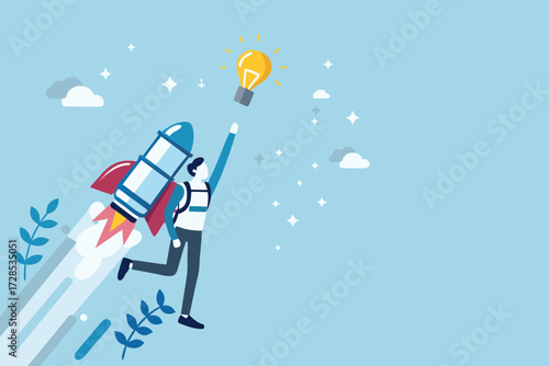 Person on a rocket reaching for a bright glowing light bulb representing a new idea or innovation