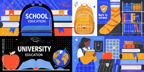 Collage of school and university education elements featuring backpacks books globe and student