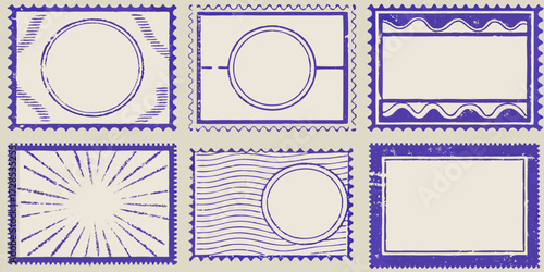 Collection of six blank vintage postage stamp designs with perforated edges and unique decorative borders