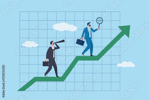 Businessmen climbing an upward trending green graph line with a telescope and magnifying glass symbolizing growth and analysis