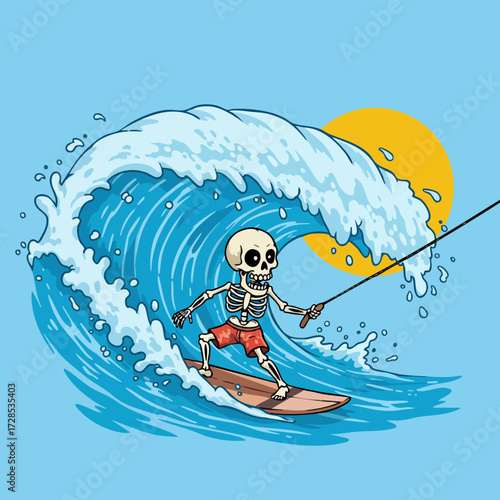 Cartoon Style Skeleton Watersports Surfing on Wave with Sun Illustration