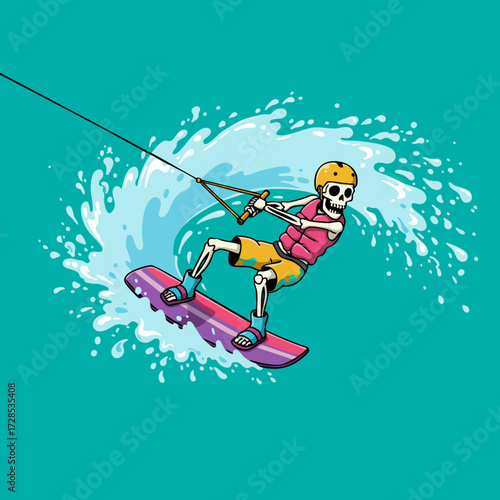 Cartoon Style Detailed Skeleton Wakeboarding Water Sport Illustration for Microstock