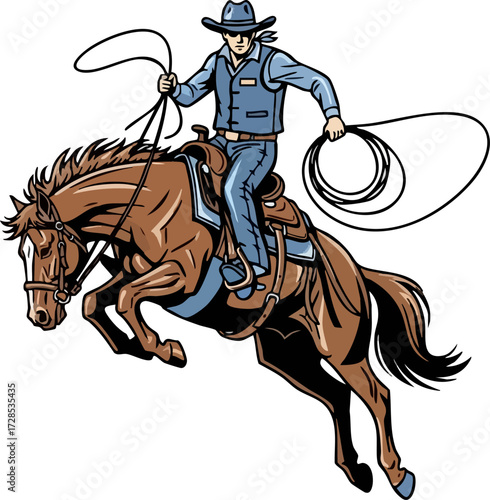 A cartoon cowboy in blue denim riding a bucking brown horse while holding a lasso.