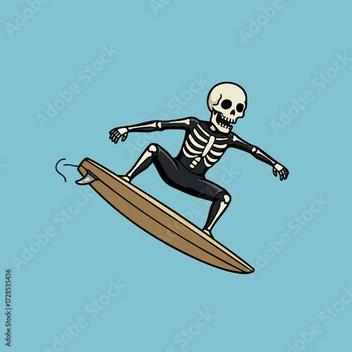 Cartoon Style Detailed Skeleton Surfer Riding a Wave on Surfboard Illustration