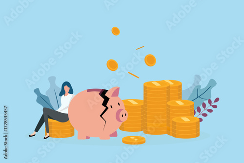 Woman sitting next to cracked piggy bank and stacks of coins with falling money