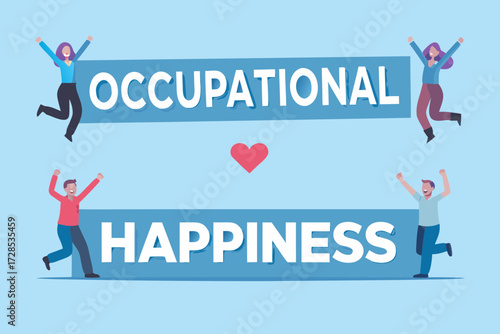 Joyful people celebrating occupational happiness with a heart symbol on a blue background