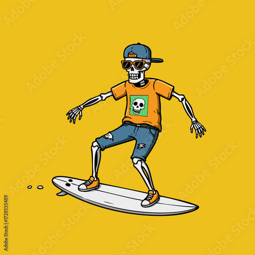 Hand Drawn Funny Skeleton Riding Skateboard Wearing Cap Character Illustration
