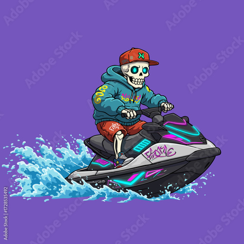 Animated Pixel Art Skeleton Riding a Jet Ski on Water Illustration