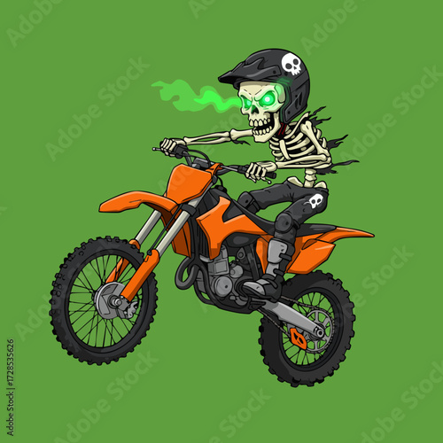 Cartoon Handdrawn Grim Biker Skeleton Riding Dirt Bike Illustration