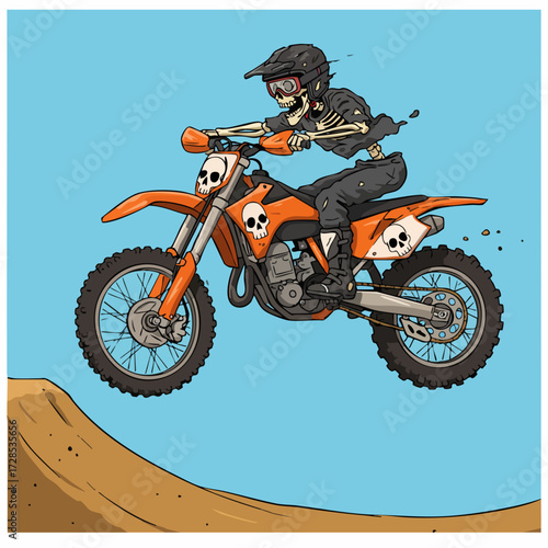 Pixelated Grim Biker On Motocross Bike Riding Above Ramp Illustration