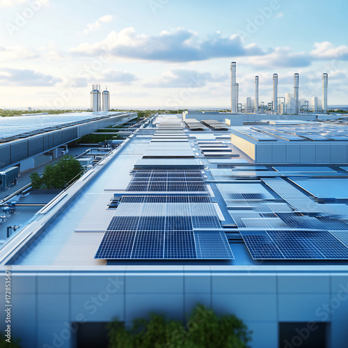 Expansive industrial facility with rooftop solar panels and skyline view of modern factory chimneys
