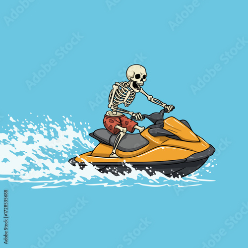 Detailed Cartoon Skeleton Riding Jet Ski Illustration on Sunny Day