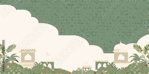 Mughal architecture inspired garden with lush foliage and ornate domes in soft pastel colors