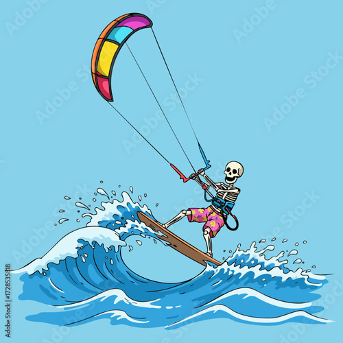 Cartoon Style Skeleton Kitesurfing Extreme Sport on Wave Illustration