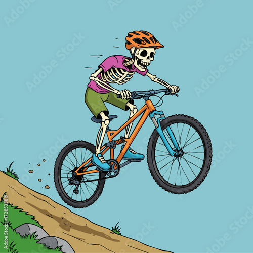 Cartoon Flat Illustration of a Skeleton Riding a Mountain Bike Adventure