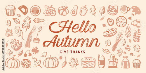 Hello autumn give thanks with a whimsical hand drawn border of seasonal elements
