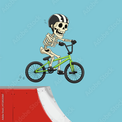 Flat Style Cartoon Skeleton Biker Performing Stunt with BMX Bicycle on Ramp Illustration