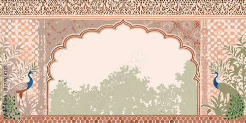 Ornate indian archway with peacocks and lush greenery overlooking a garden