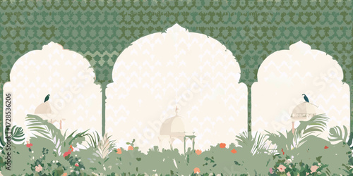 Serene indian garden scene with mughal arches lush foliage and exotic birds