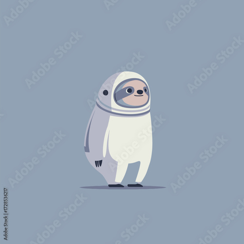 A cute sloth stands in a white space suit against a light blue background. The sloth appears eager for exploration in outer space.