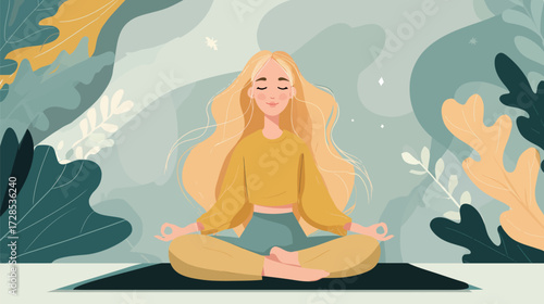 A calm woman sits in a meditative pose surrounded by lush plants and leaves, emphasizing relaxation and mindfulness in a tranquil setting.