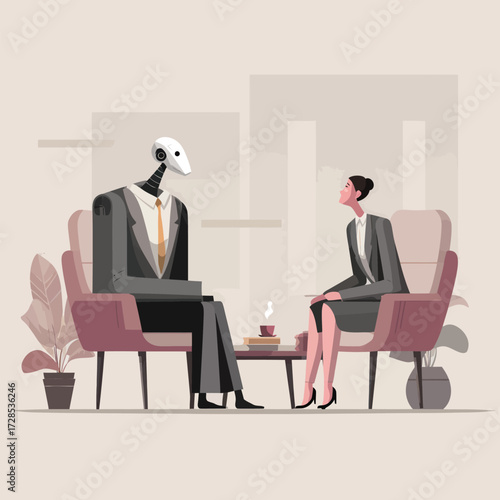 A robot dressed in a suit sits across from a woman in formal wear during a business meeting. They engage in a conversation in a stylish office.