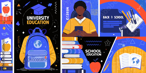 University and school education collage featuring student backpack books apple and graduation cap